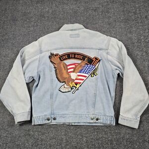Wrangler‎ Jacket Mens Medium Blue Denim Embroidered Biker Live to Ride Moto USA